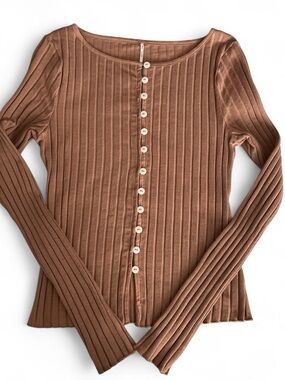 *New* Free People Chestnut Ribbed Button-Front Long Sleeve Top
